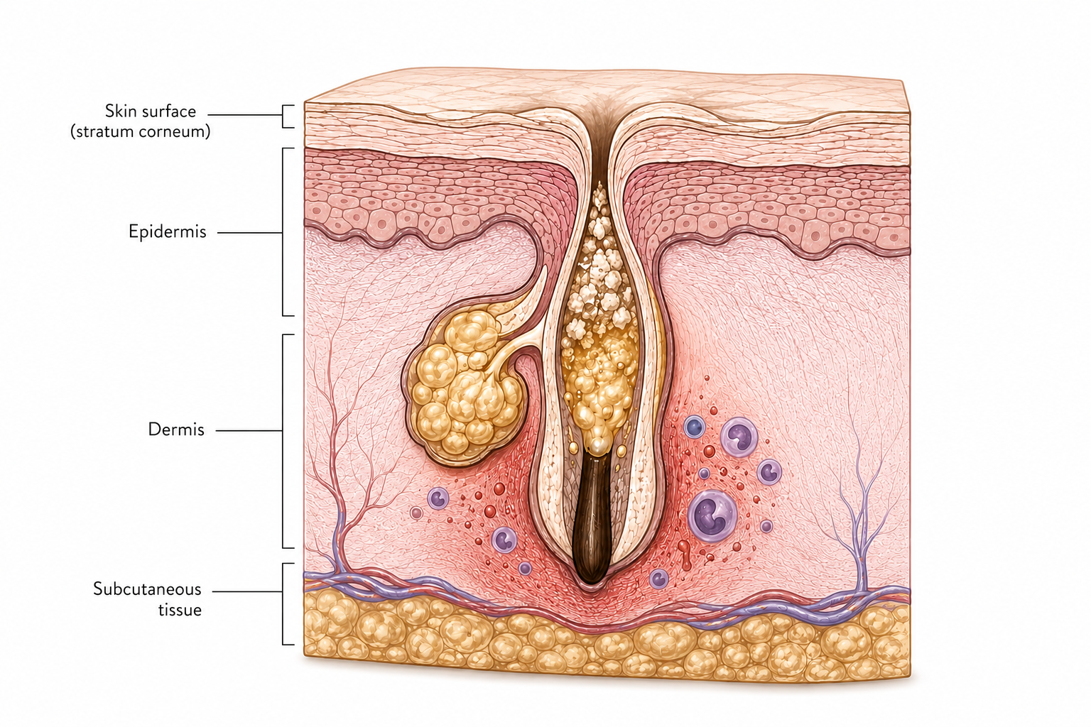 Anatomical diagram of skin showing the four internal drivers of teen acne: sebum overproduction, impaired cell turnover and immune function, oxidative stress and inflammation, and skin barrier dysfunction with oil imbalance.